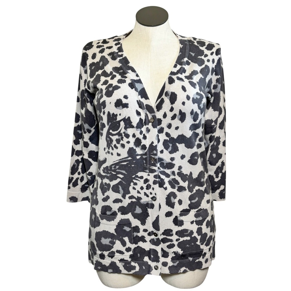 Kris Jenner‎ Kollection Leopard Print V-Neck Cardigan XL Gray White 3/4 Sleeve
